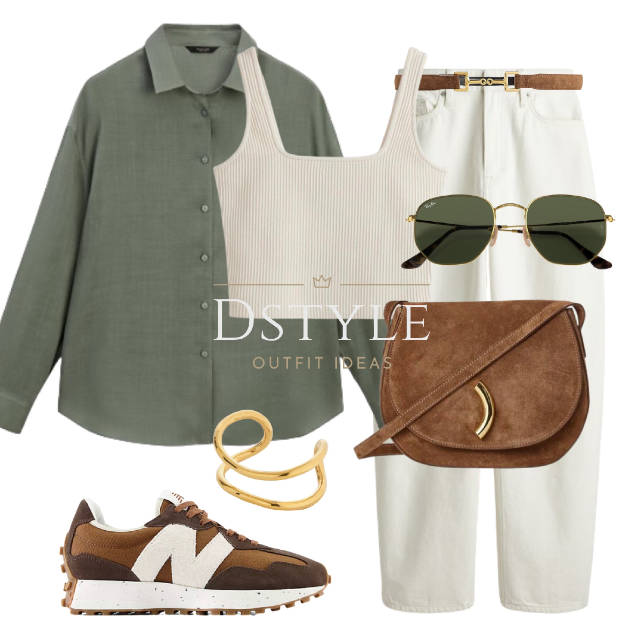 Pale green shirt, cream barrel jeans, cropped top, New Balance sneakers, Ray-Ban sunglasses, suede bag in chestnut, neutral outfit, summer outfit, transitional outfit

#LTKStyleTip #LTKSaleAlert #LTKItBag