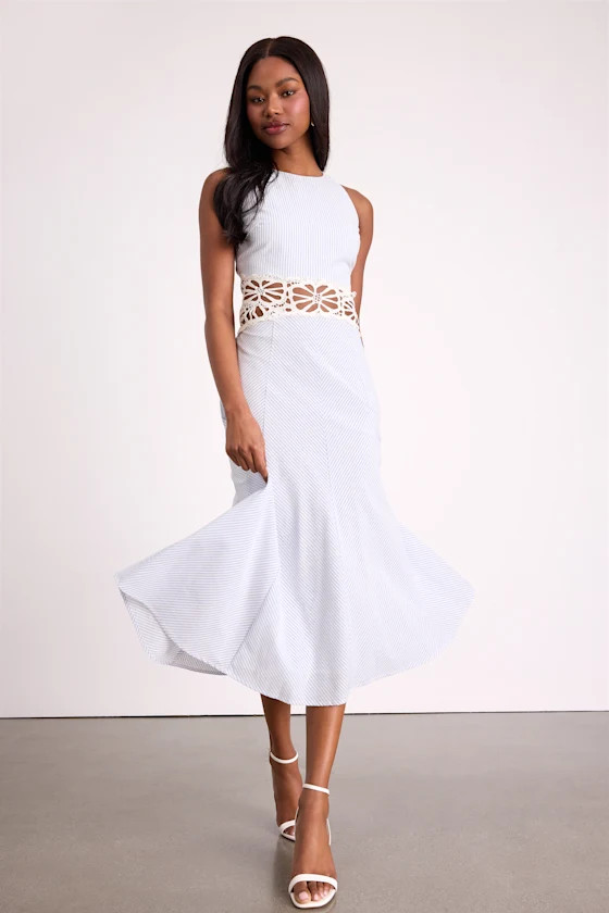 Shya Blue and White Striped Crochet Lace Midi Dress | beach vacation outfits  | Lulus