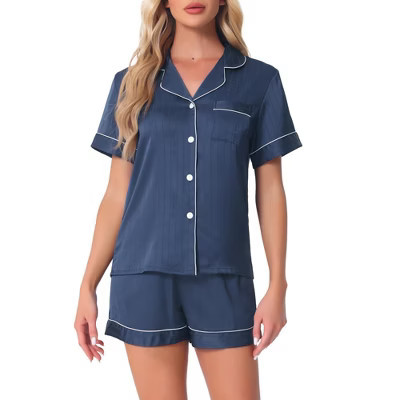 cheibear Women's Silky Satin Pajamas 2026 Button Down Shirt with Shorts Sleepwear Loungewear Sets Medium Dark Blue | Target