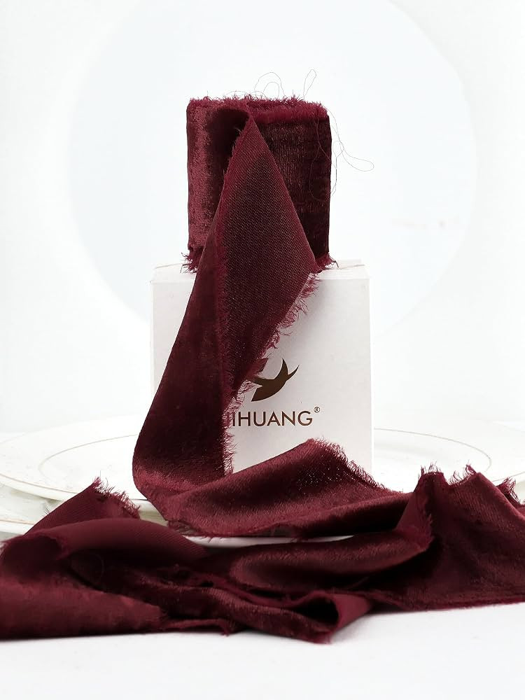 HUIHUANG Burgundy Velvet Ribbon 2 inch Frayed Silk Velvet Fringe Ribbon for Flower Bouquet, Gift ... | Amazon (US)