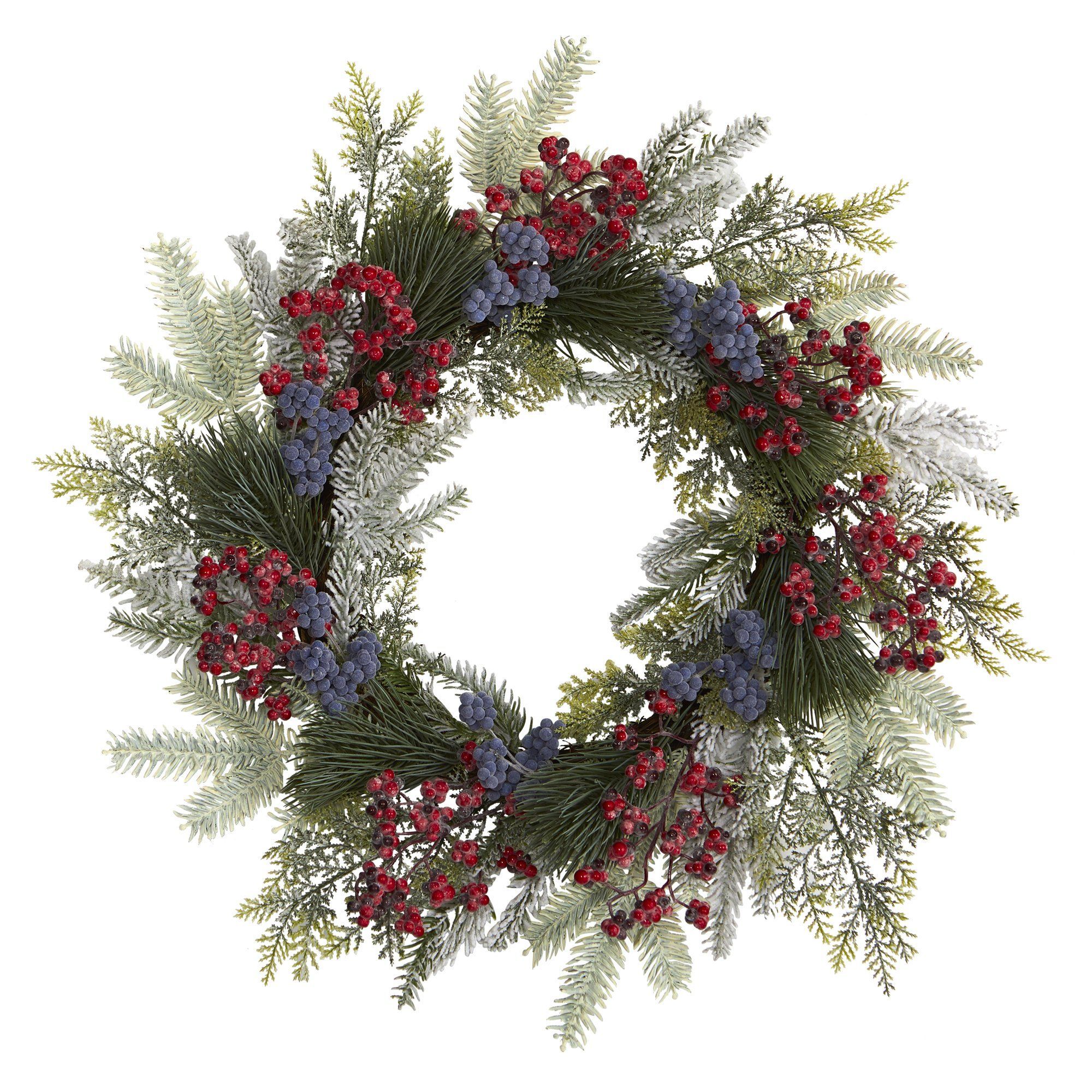 24” Pine and Cedar Artificial Wreath with Berries | Nearly Natural