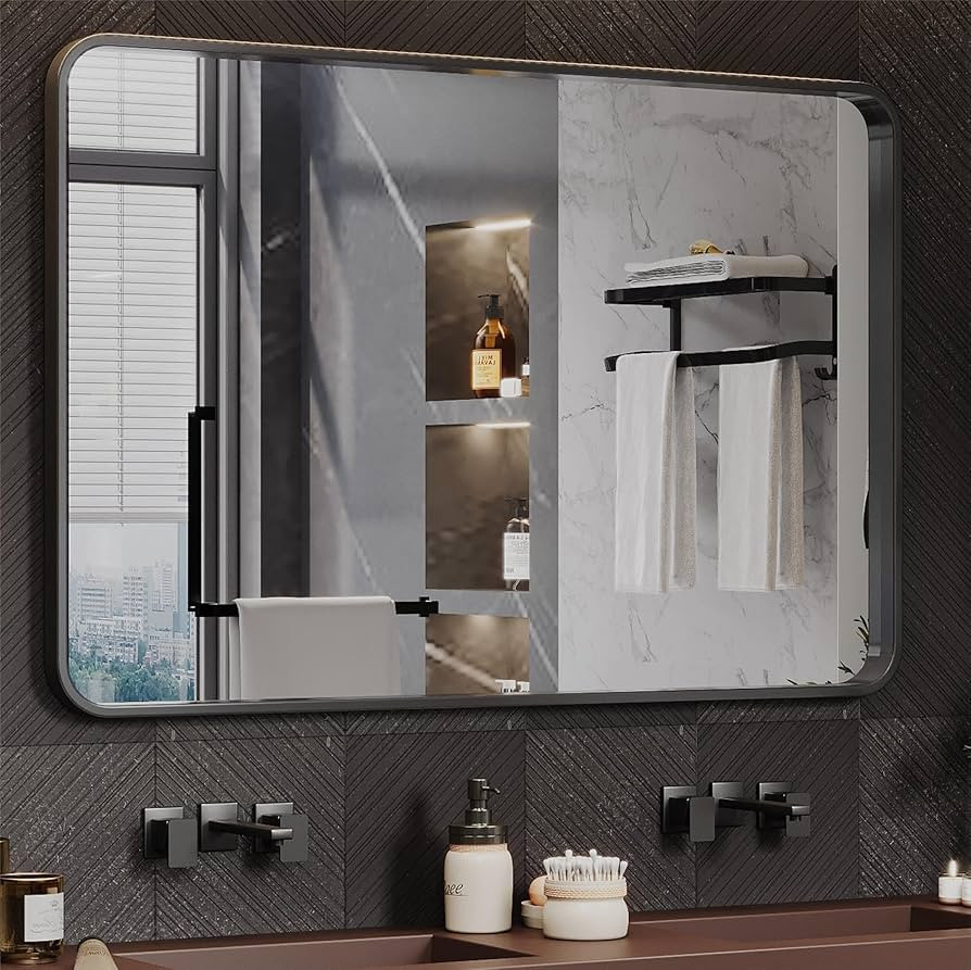 Wanzvisk Black Framed Mirrors for Bathroom,40 x 32 Inch Rounded Conner Rectangle Mirror for Wall,... | Amazon (US)