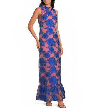 Abbey Glass Camille Flower Print Ruffle Mock Neck Sleeveless Gown - XL | Dillard's