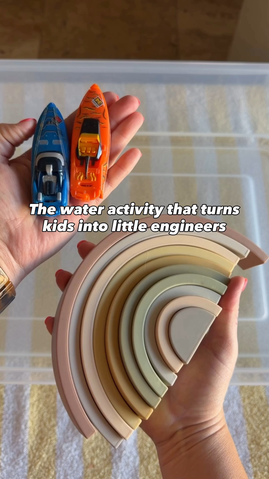 I love activities that don’t have a “right” way to play because kids always surprise me with their ideas.

I planned to use our silicone rainbow stacker to make paths for the robo boats, but my son had an even better idea… he stood the arches upright to create tunnels! From there, he kept rearranging, testing, and experimenting to see what worked (and didn’t work).

Simple setups like this often lead to the most creativity, problem-solving, and imaginative play.

#LTKmomlife #LTKKids