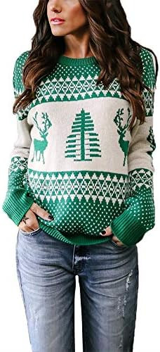 EXLURA Patterns Reindeer Ugly Christmas Crew Neck Long Sleeve Sweater Jumper Pullover Knitted Pri... | Amazon (US)