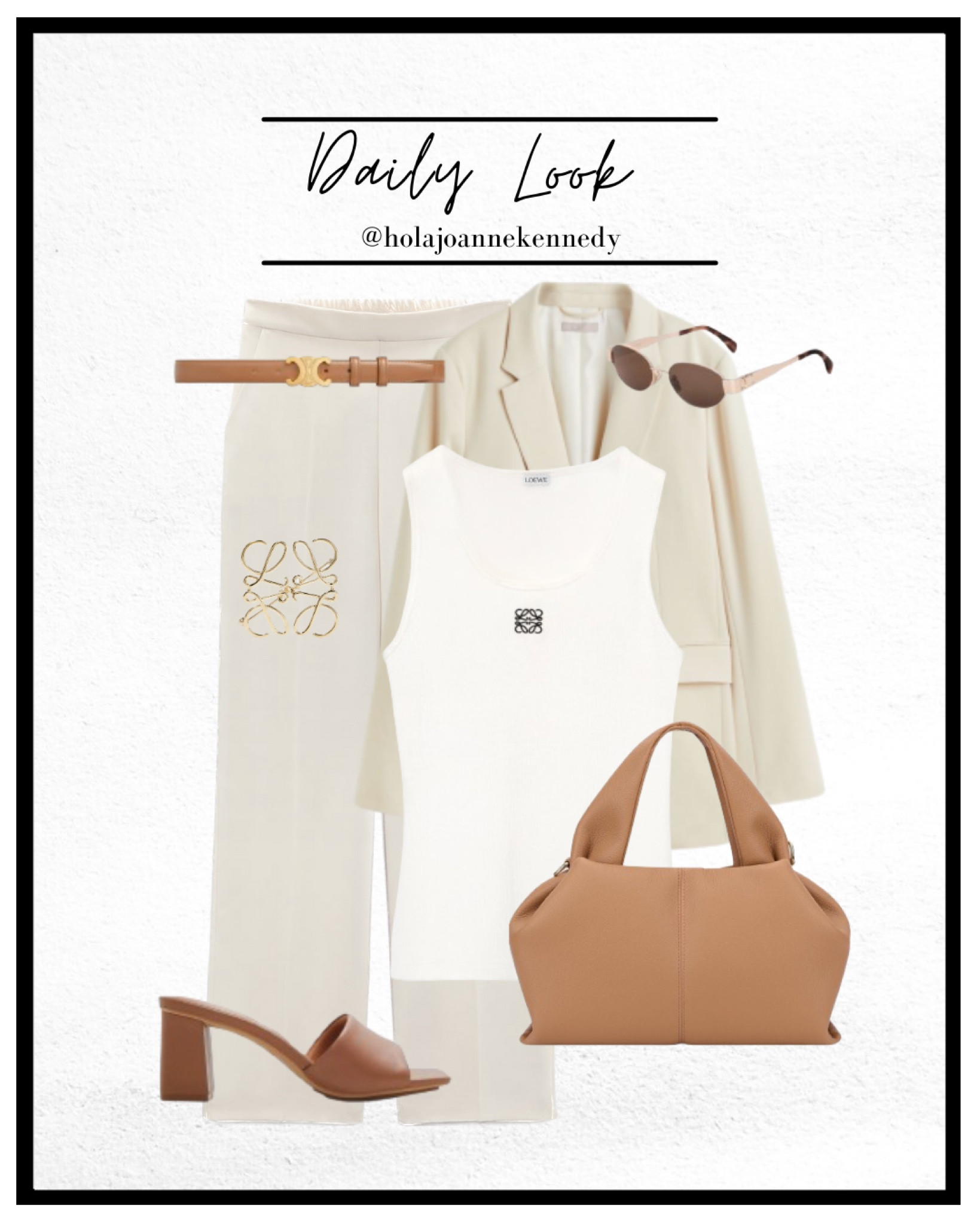 Neutral outfit idea, summer office wear, summer tailoring, cream suit, summer workwear, beige trousers, ecru trousers, Loewe vest top, logo white vest top, ego dupe, polene style bag, tan celine belt, celine style sunglasses 

#LTKeurope #LTKworkwear #LTKstyletip