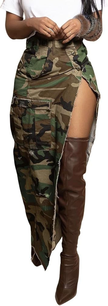 Cargo Skirt for Women Camo Skirts High Slit Button Maxi Skirt with Pockets | Amazon (US)
