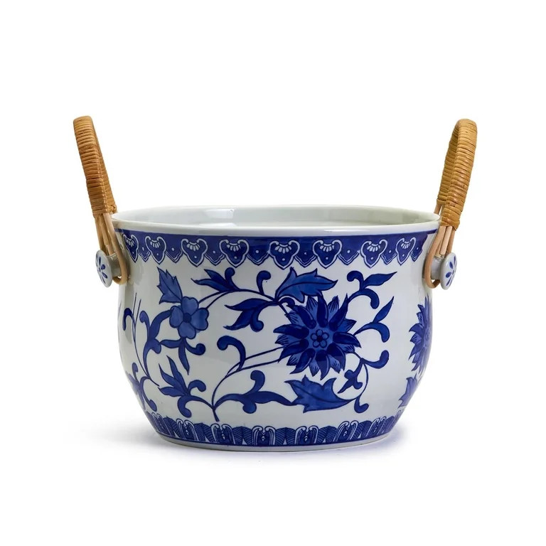 Two's Company Chinoiserie Blue And White Party Bucket With Bamboo Handles | Walmart (US)