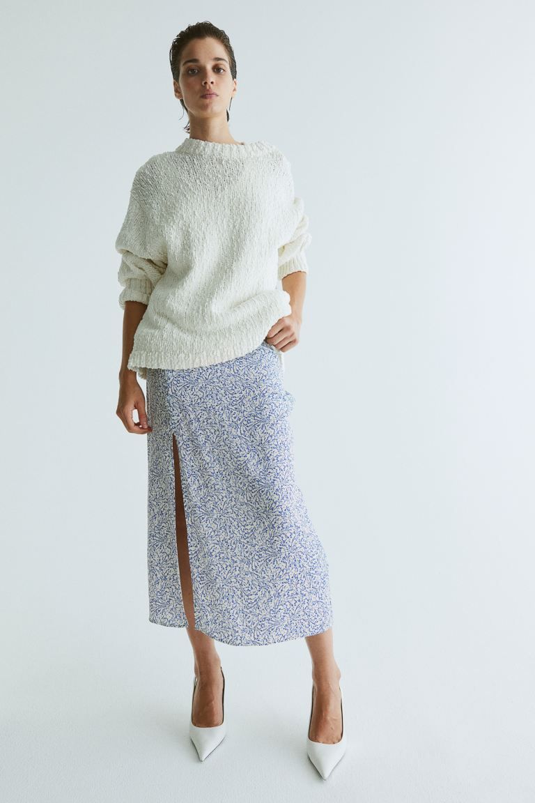 Crêped Skirt - Regular waist - Midi - White/blue floral - Ladies | H&M US | H&M (US + CA)