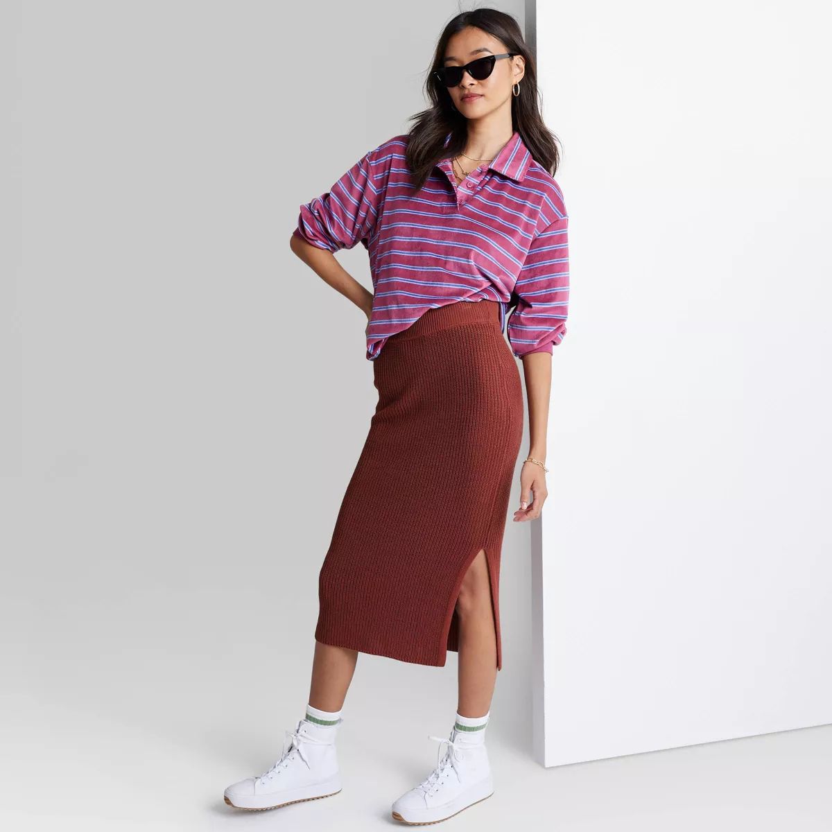 Women's Ascot + Hart Graphic Midi Knit Skirt - Brown | Target