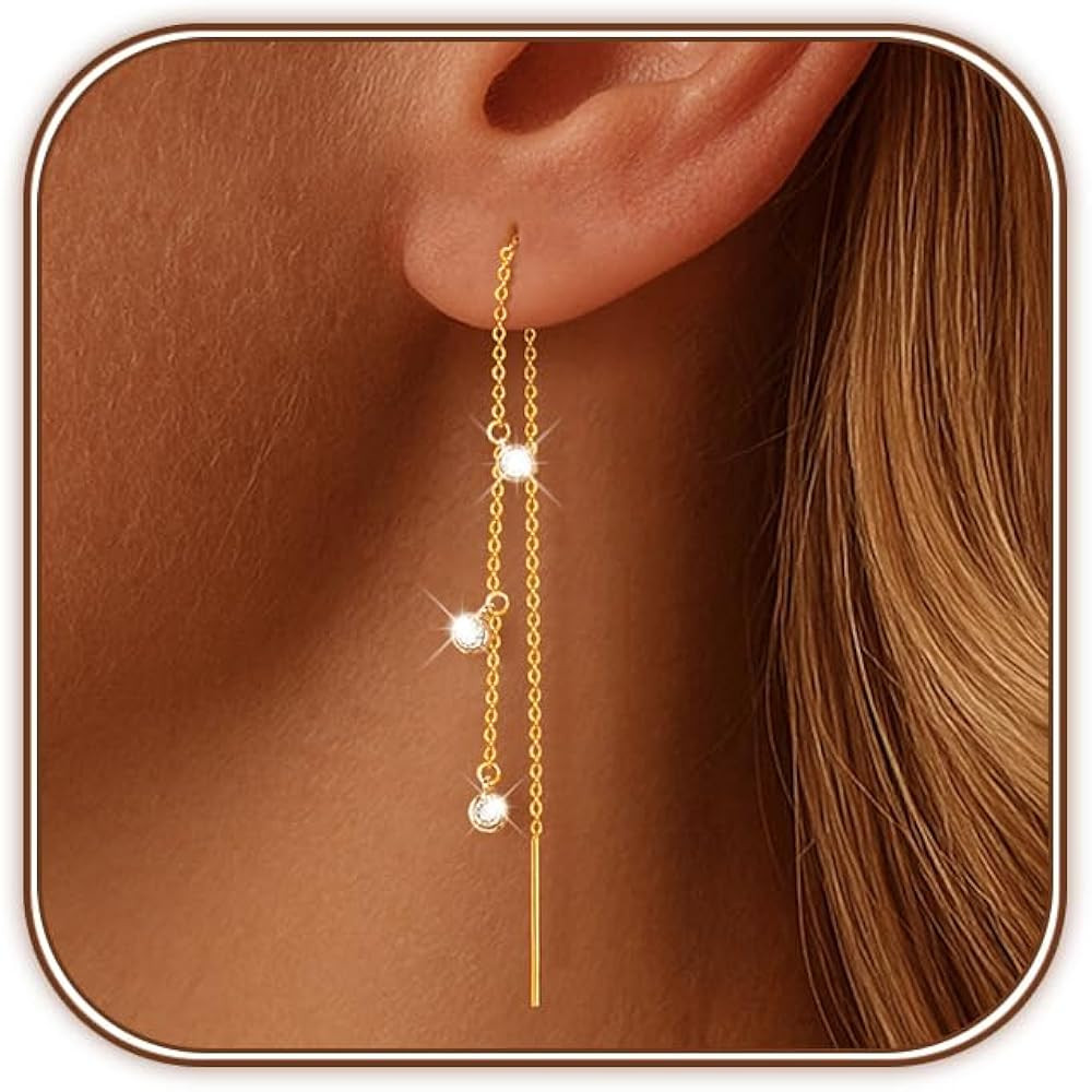 Threader Dangle Earrings for Women 14K Gold Plated Long Drop Earrings Trendy Hypoallergenic CZ/Cl... | Amazon (US)