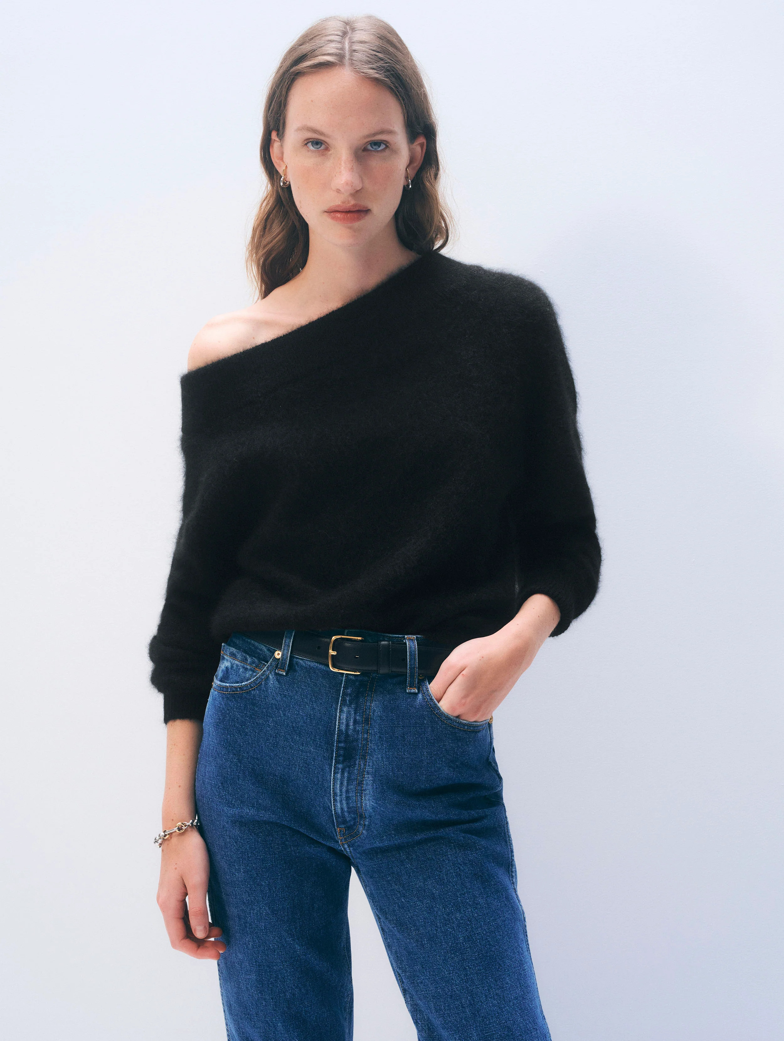 Brushed Cashmere Off Shoulder Crewneck | White and Warren