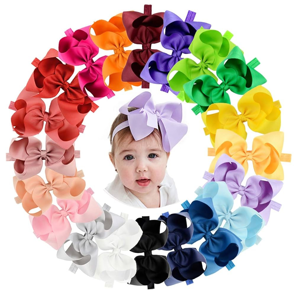 jollybows 20pcs Baby Girls Grosgrain Ribbon Hair Bows Headbands 6" Elastic Hair Band Hair Accesso... | Amazon (US)