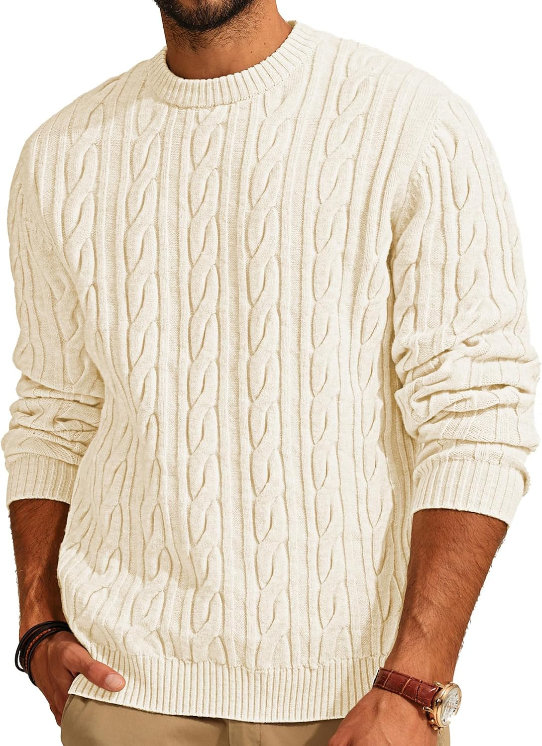 PJ PAUL JONES Mens Sweater Crewneck Cable Knit Pullover | Amazon (US)