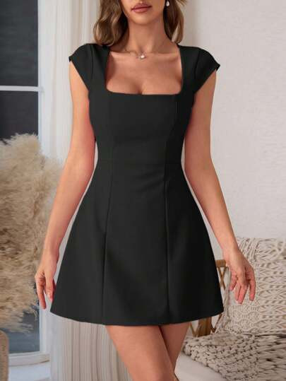 Plus Size Women's Summer Dress, Black Fashion Mini A-Line Sleeveless Backless Party Dress, El... | SHEIN