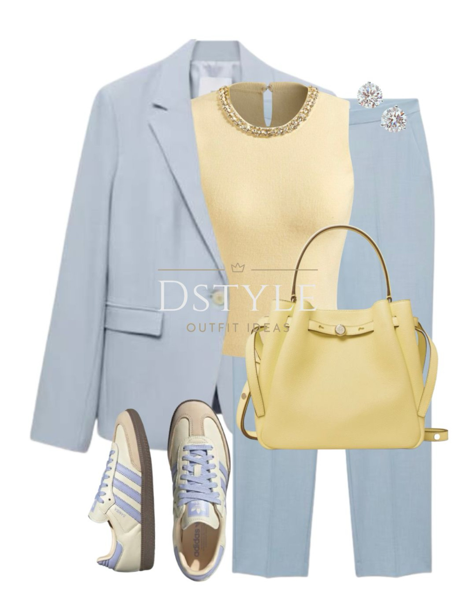 Yellow knit round neckline solid rhinestone tank top, sky blue fitted suit blazer and trousers, lemon leather bucket bag, Adidas Samba sneakers 

 

#LTKStyleTip #LTKWorkwear #LTKShoeCrush