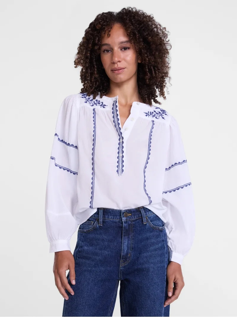 Scenario Women's and Women's Plus Embroidered Top with Long Sleeves, Sizes XS-4X | Walmart (US)