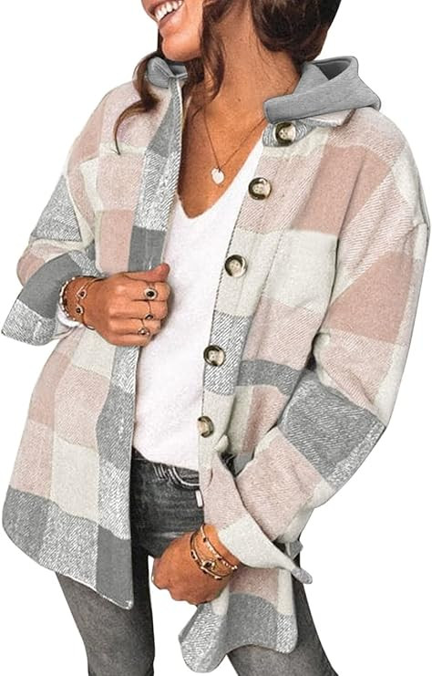 SHEWIN Womens Long Sleeve Button Down Plaid Shirts Flannel Hooded Shacket Jacket Hoodie Coats | Amazon (US)