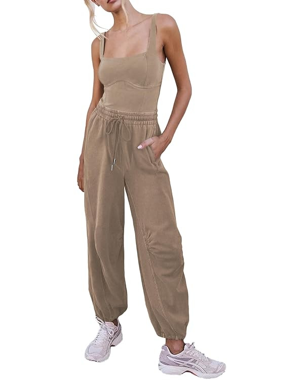 Women's Sleeveless Summer Jumpsuit Square Neck Drawstring Waist Long Romper Jumpers 2025 with Poc... | Amazon (US)