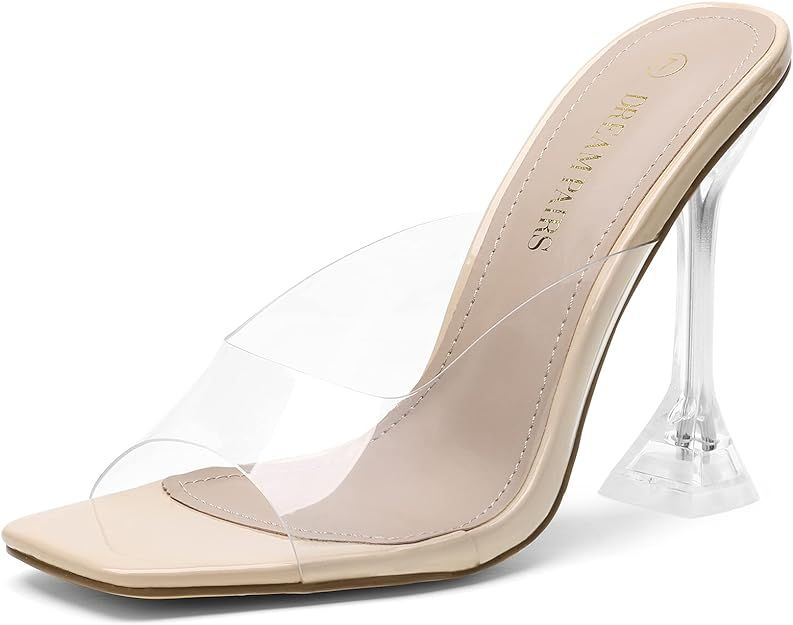 DREAM PAIRS Women’s Clear Heels Square Toe High Stiletto Mules Slip on Wedding Dress Heel Sanda... | Amazon (US)