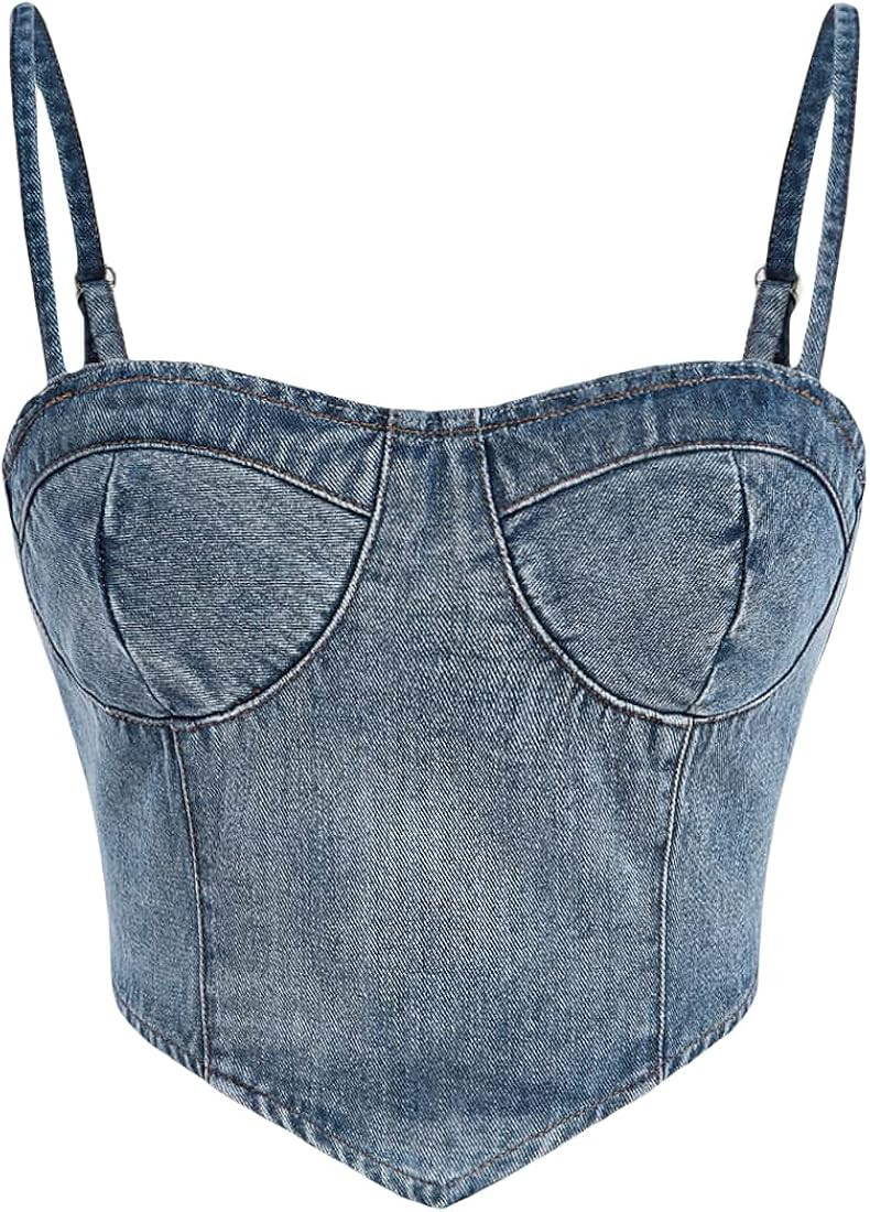 Verdusa Women's Spaghetti Strap Sleeveless Asymmetrical Hem Denim Crop Cami Top | Amazon (US)