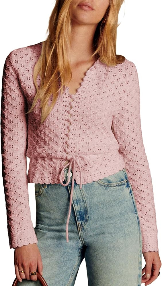Bianstore Womens Casual Long Sleeve Crewneck Crochet Cardigan Lightweight Hollow Out Tie Front Kn... | Amazon (US)