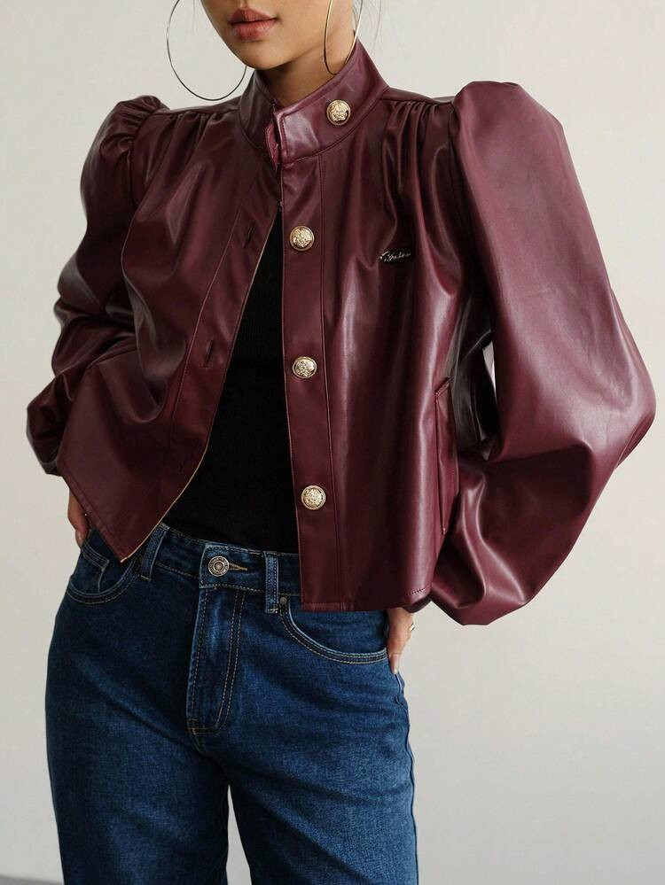 Aidyla Women's Woven Burgundy Blouse, Leather Long Sleeve Casual With Pleated Buttons, Fashion For Autumn Winter, Suitable For Regular Coat Vintage | SHEIN