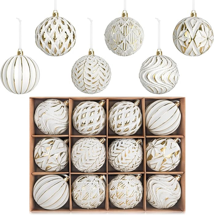 Vintage Rustic Christmas Ball Ornaments Set, 12 Pcs 3.15" White Gold Christmas Tree Decorations L... | Amazon (US)