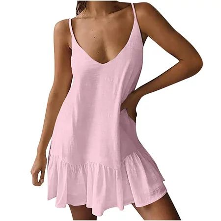 Camisole Dresses for Women’s Summer Sleeveless Mini Dress Solid V Neck Ruffle Hem Sundress Flowy Loo | Walmart (US)