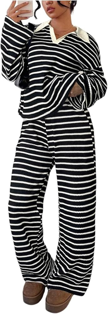 MakeMeChic Striped Lounge Set 2 Piece Sweater Sets for Women Going Out Travel Outfit | Amazon (US)