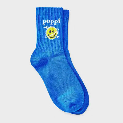 Adult Poppi Smiley Graphic Crew Socks - Blue | Target