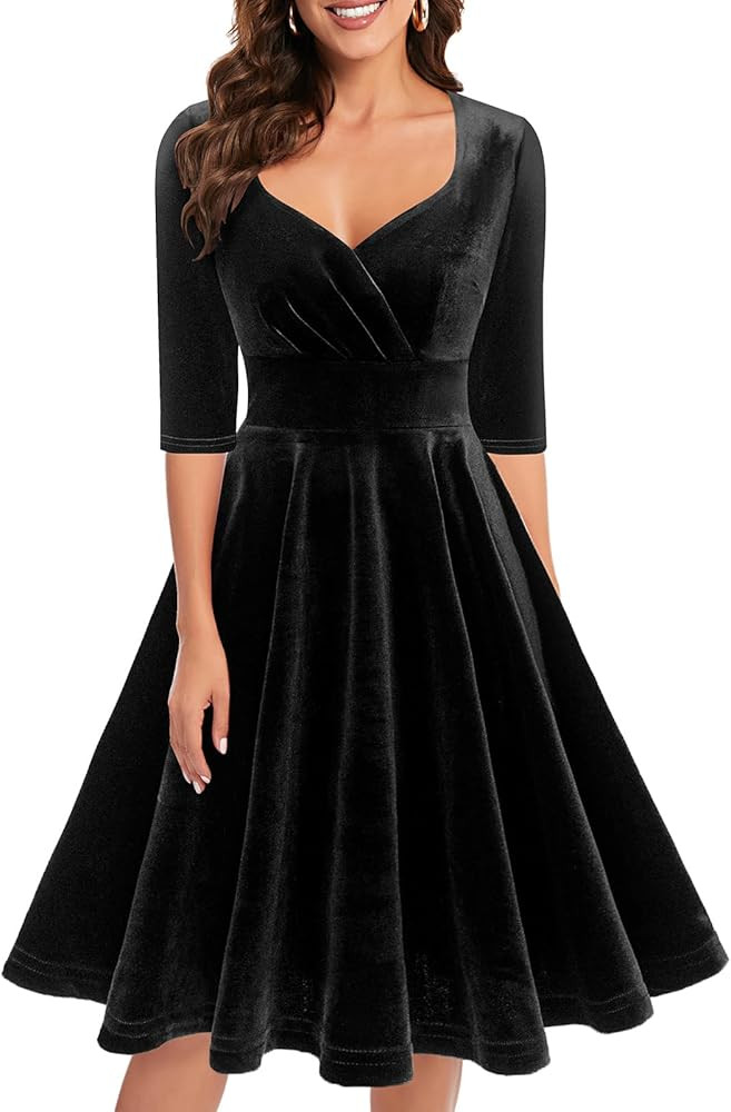 Bbonlinedress Damenkleid aus Samt, langärmelig, formell, für Hochzeit, Gast, Vintage, Cocktail,... | Amazon (DE)