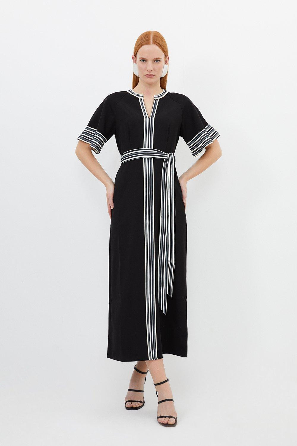 Contrast Twill Woven Belted Midaxi Dress | Karen Millen US