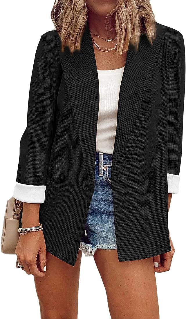Sidefeel Women Casual Blazers Open Front 3/4 Sleeve Ruched Cardigan Work Office Suit Jacket | Amazon (US)