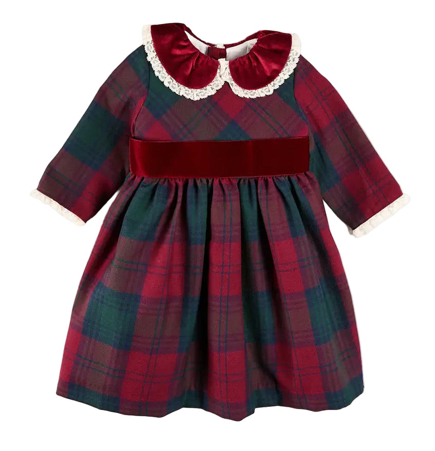 Pepa London Grovesnor Tartan Lace Detail Velvet Bow Dress in Red | JoJo Mommy