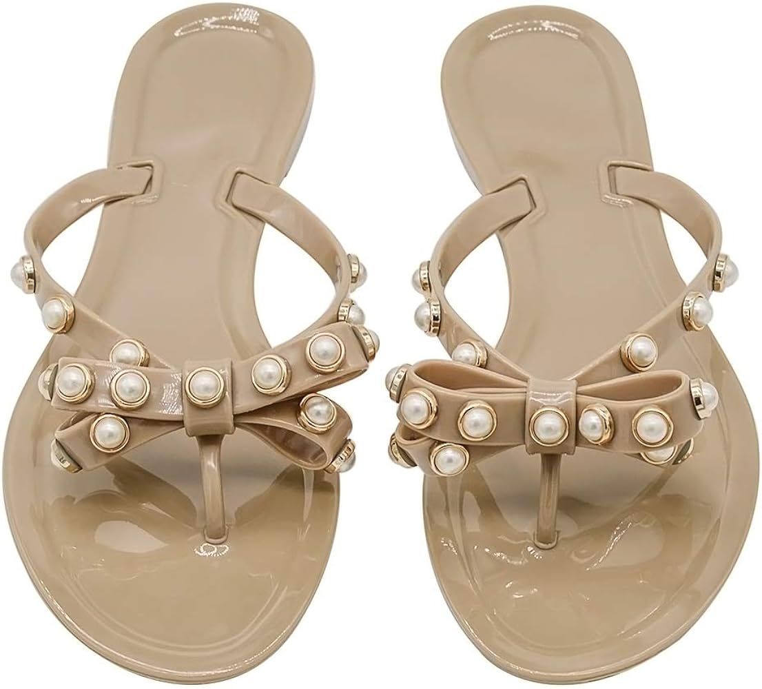 TYFLOVE Women Pearls Bow Flip Flops Jelly Thong Sandals Rubber Flat Summer Beach Rain Shoes | Amazon (US)