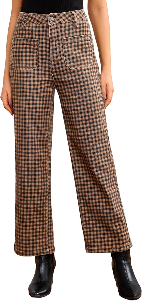 Women Gingham Plaid High Waist Wide Leg Cropped Pants Casual Trousers | Amazon (US)