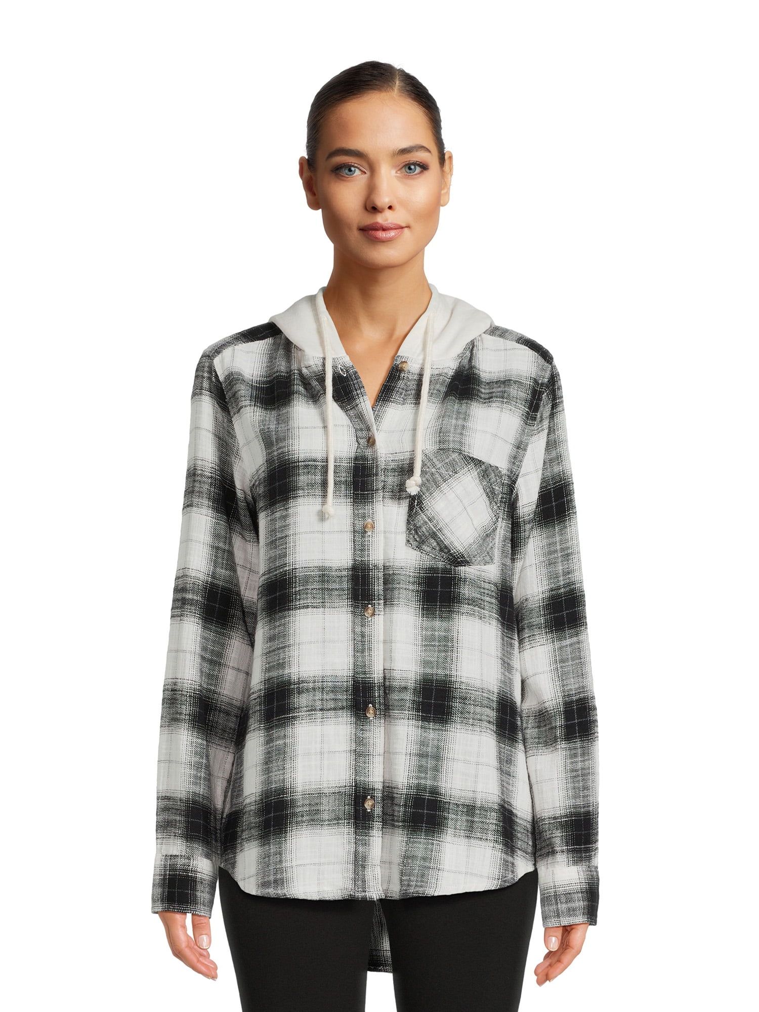 Time and Tru Women's Button Down Hooded Flannel Shirt, Sizes XS-3XL - Walmart.com | Walmart (US)