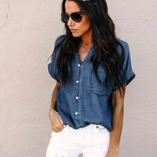Women Casual Soft Denim Shirt Tops Blue Jean Button Short Sleeve Blouse Jacket | Walmart (US)