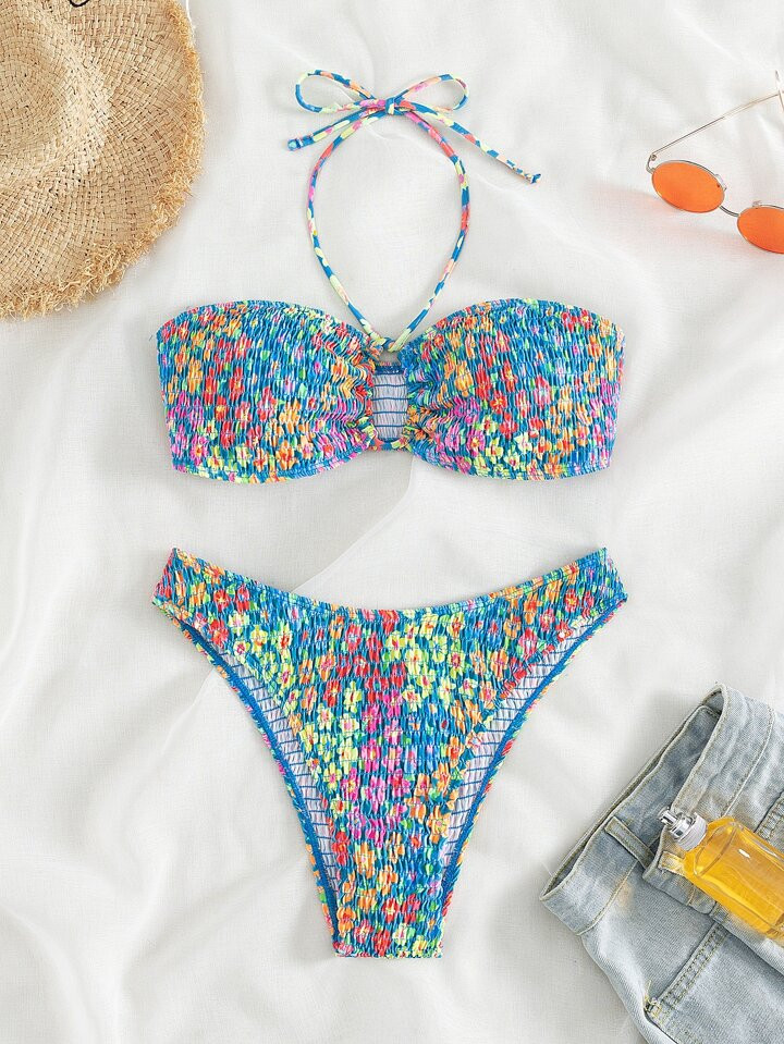 SHEIN Swim Mod Summer Beach Ditsy Floral Print Bikini Set Smocked Halter Wireless Top & High Wais... | SHEIN