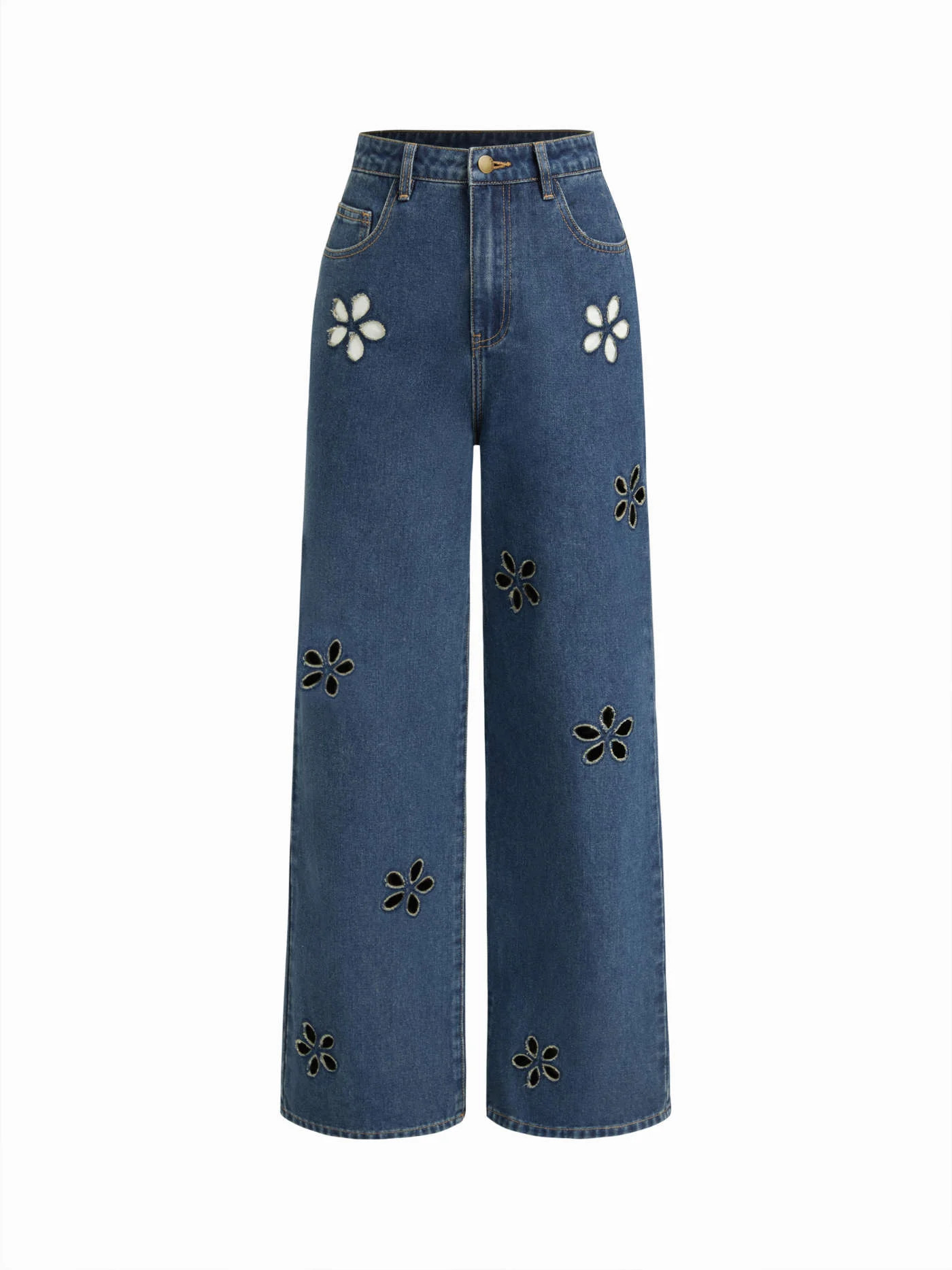 Denim Mid Waist Floral Pocket Wide Leg Jeans | Cider