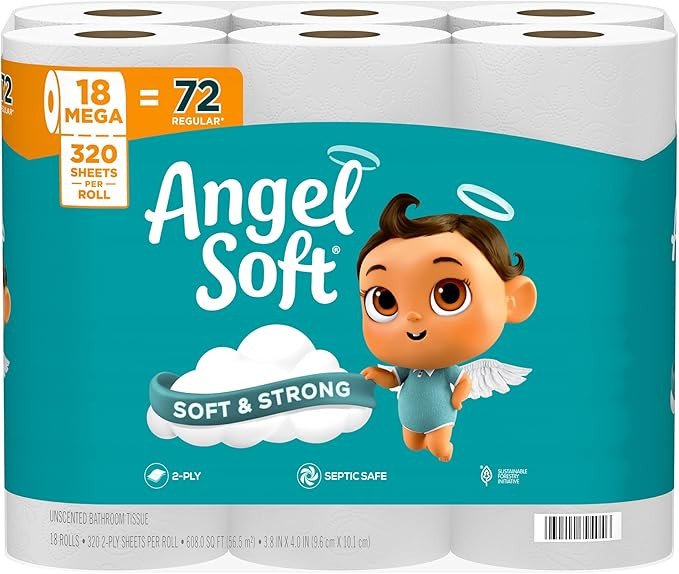 Angel Soft Toilet Paper, 18 Mega Rolls = 72 Regular Rolls, Soft and Strong Toilet Tissue | Amazon (US)