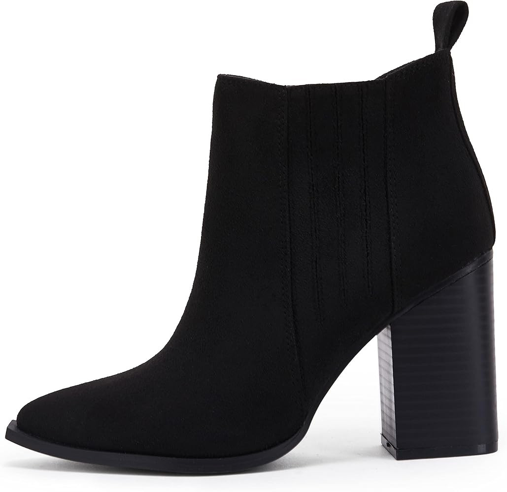 Womens Pointed Toe Slip on Ankle Booties Stacked Mid Block Heel Shoes Faux Leather Boots | Amazon (US)