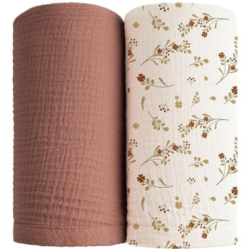 Konssy Muslin Swaddle Blankets for Boys Girls, 2 Pack Receiving Baby Blanket Large 47 x 47 inches, Soft Breathable Swaddling Wrap for Unisex Newborn (Chestnut, Posy) | Amazon (US)