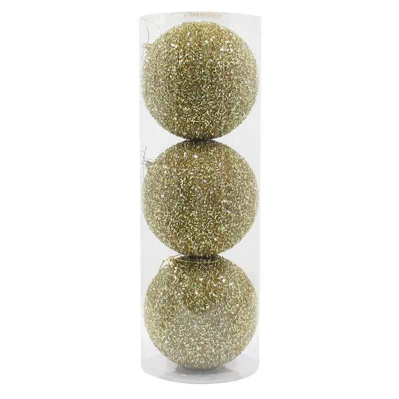 3-Count Gold Tinsel Ornaments, 6", Plastic, sold by At Home | At Home