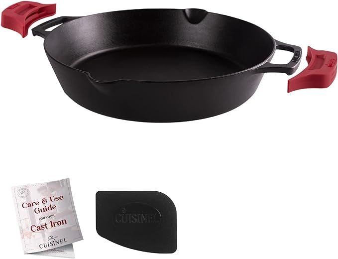 Cast Iron Skillet - 12"-Inch Dual Handle Frying Pan + Silicone Handle Holder Covers + Pan Scraper... | Amazon (US)