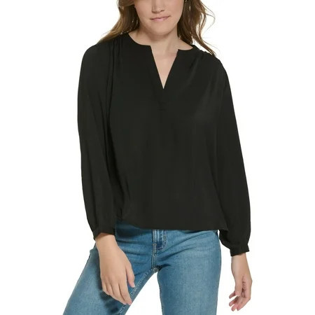 Petite Long-Sleeve Henley Top Black PM | Walmart (US)