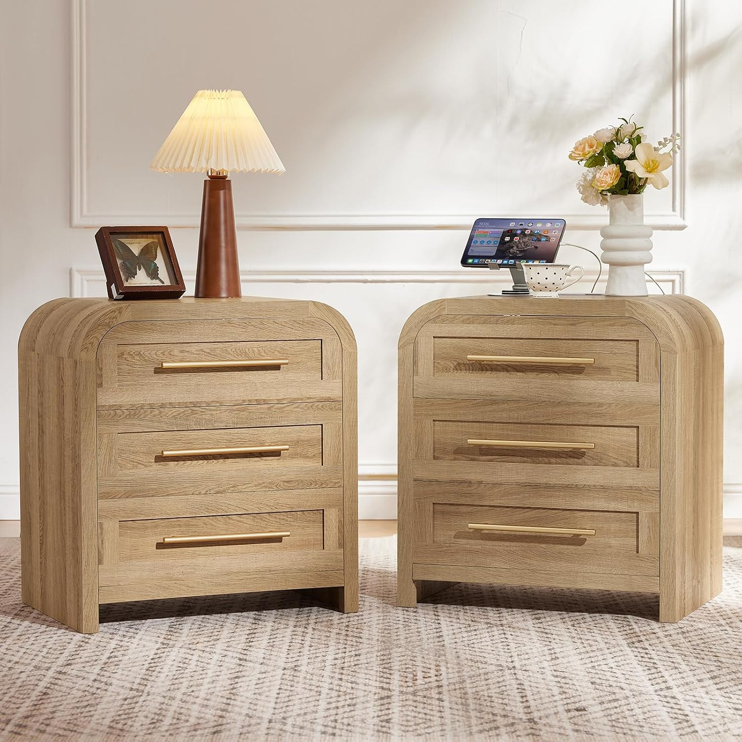 Oak Night Stand Set 2 with Charger, Curved 3 Drawers Nightstand | Amazon (US)