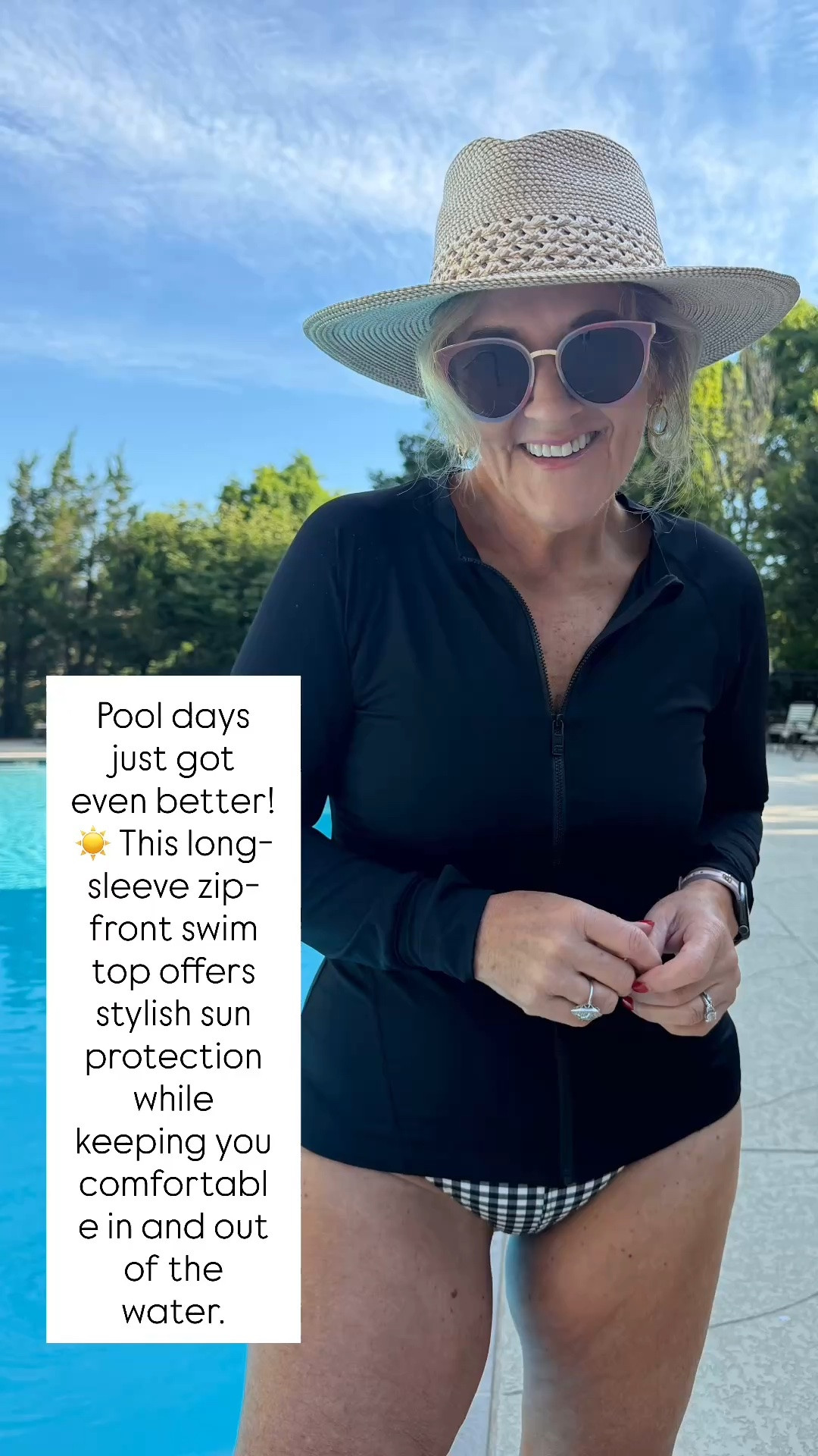 Pool days just got even better! ☀️ This long-sleeve zip-front swim top offers stylish sun protection while keeping you comfortable in and out of the water. Paired with classic gingham swim bottoms, a woven sun hat, and chic sunglasses, it's the perfect look for beach vacations, pool days, and resort getaways.

💡 LTK MADE EASY
❤️ Heart = Support my posts!
🔖 Save = Get sale & restock alerts
📋 Lists = Keep favorites organized
📲 Share = Send lists and products to a friend. Hello, Christmas List!
💬 Comment = Ask me anything about what I'm wearing. :-)

#LTKootd #LTKSeasonal #LTKOver40