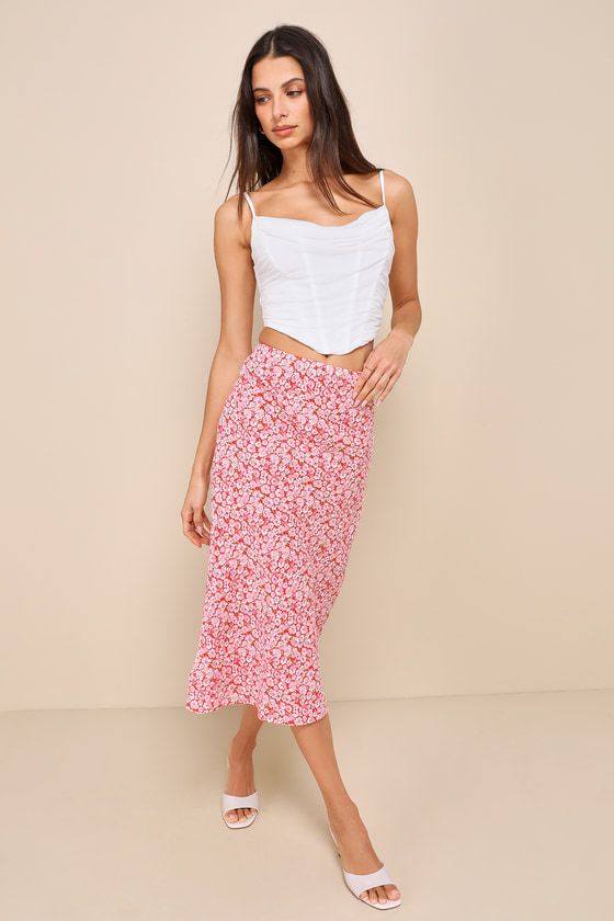 Up and Coming Cutie Coral Pink Floral Print Midi Skirt | Lulus